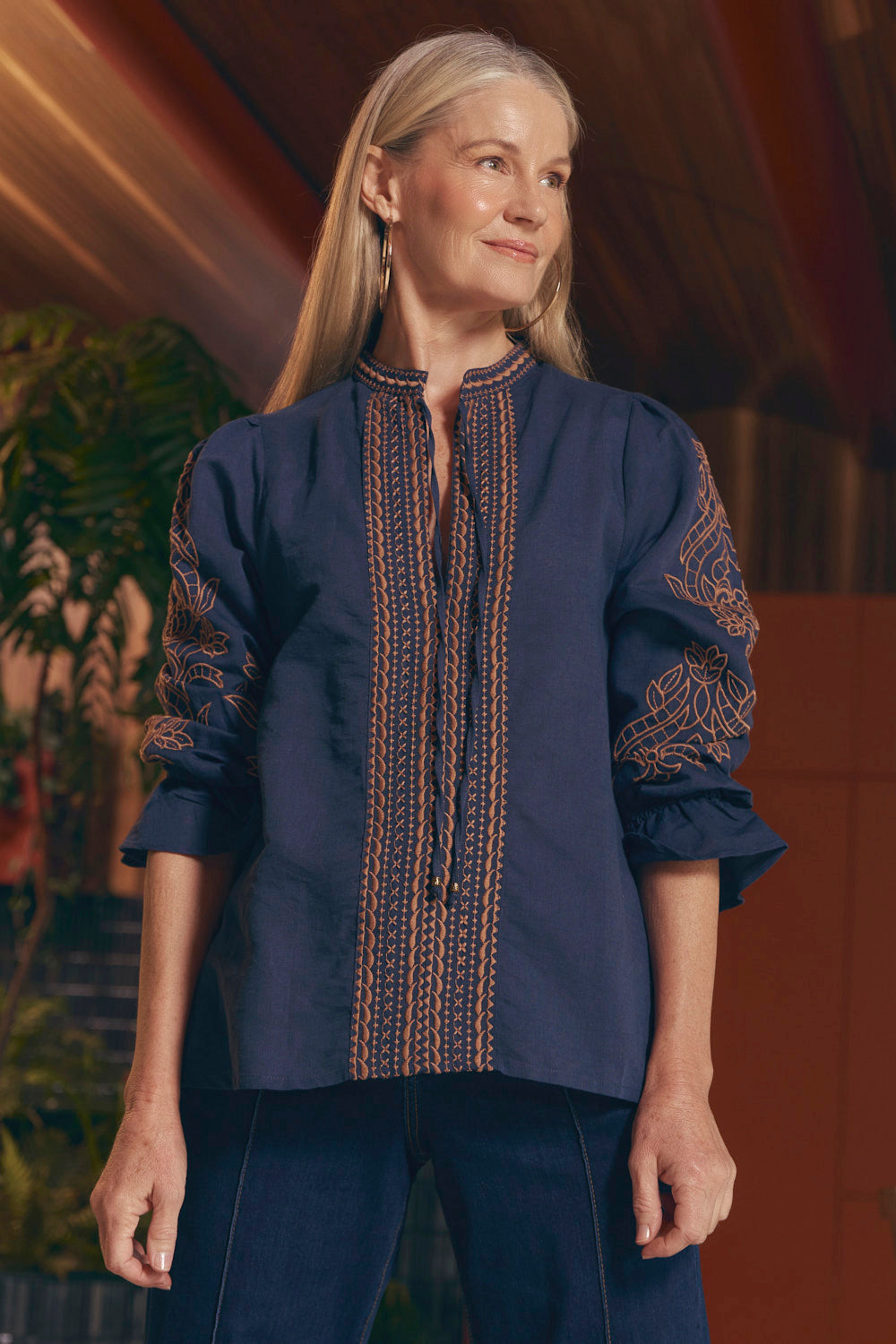 Tanya Embroidered Blouse in Navy