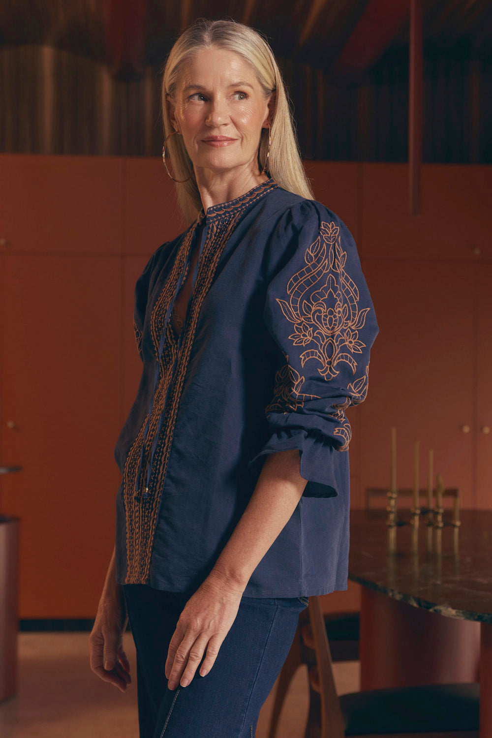Tanya Embroidered Blouse in Navy, Blouse - Adrift Clothing