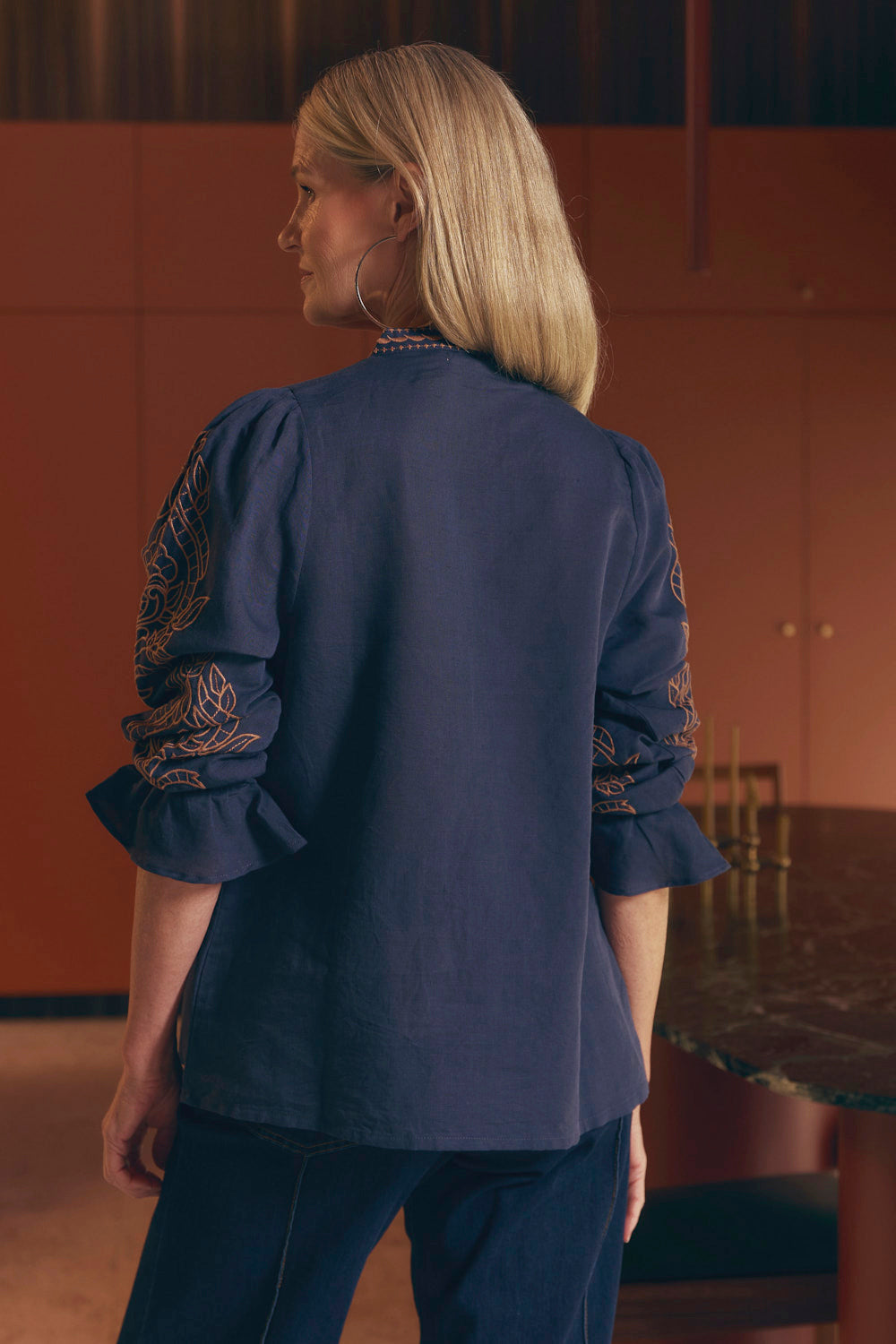 Tanya Embroidered Blouse in Navy, Blouse - Adrift Clothing