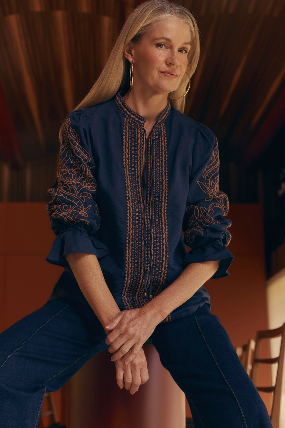 Tanya Embroidered Blouse in Navy