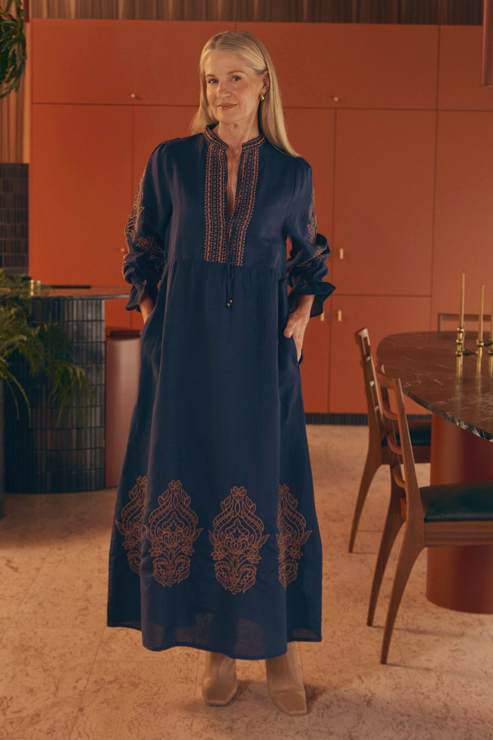 Tanya Embroidered Dress in Navy