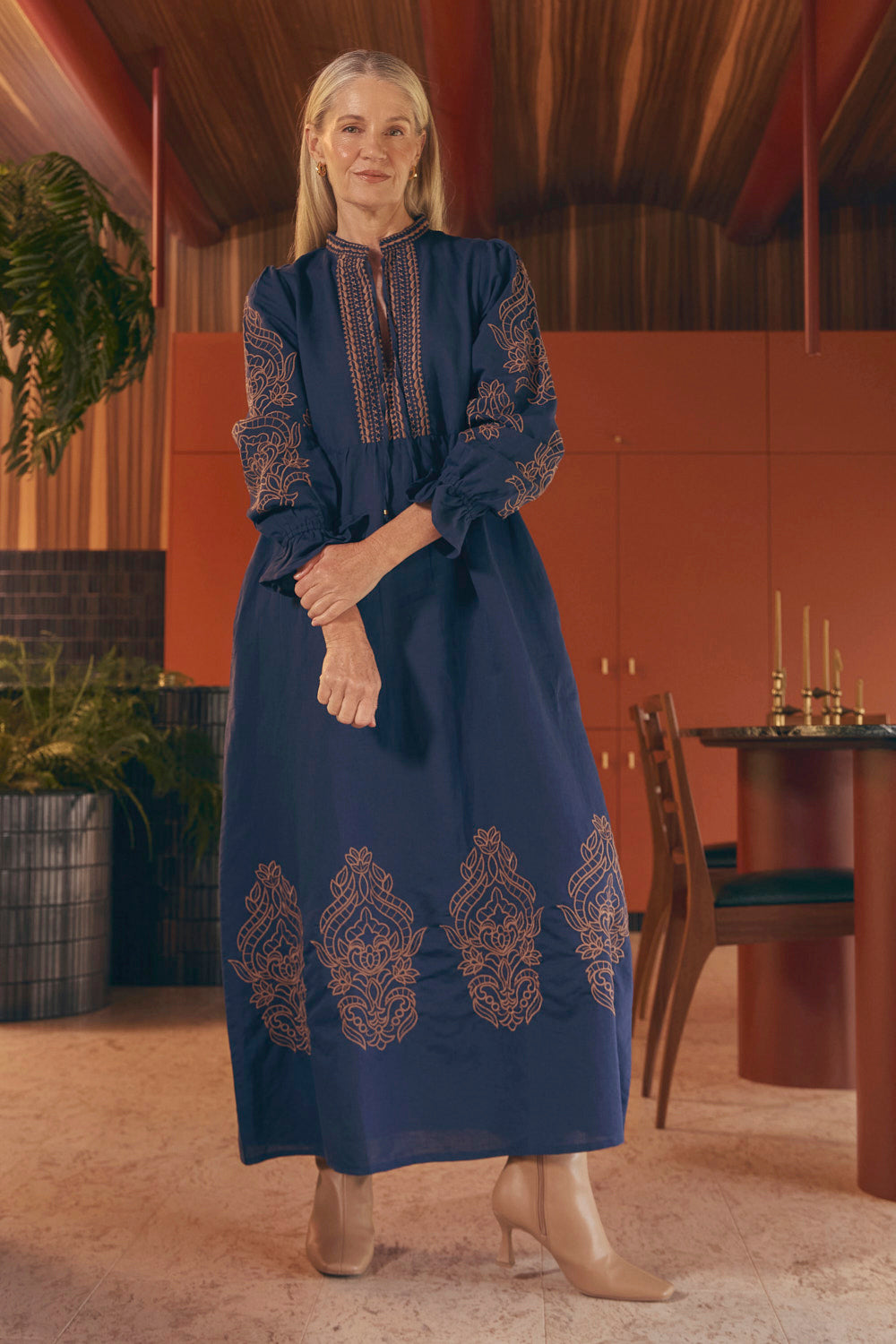 Tanya Embroidered Dress in Navy