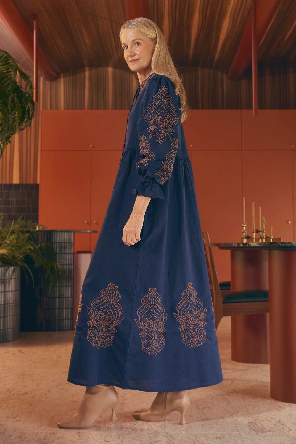 Tanya Embroidered Dress in Navy