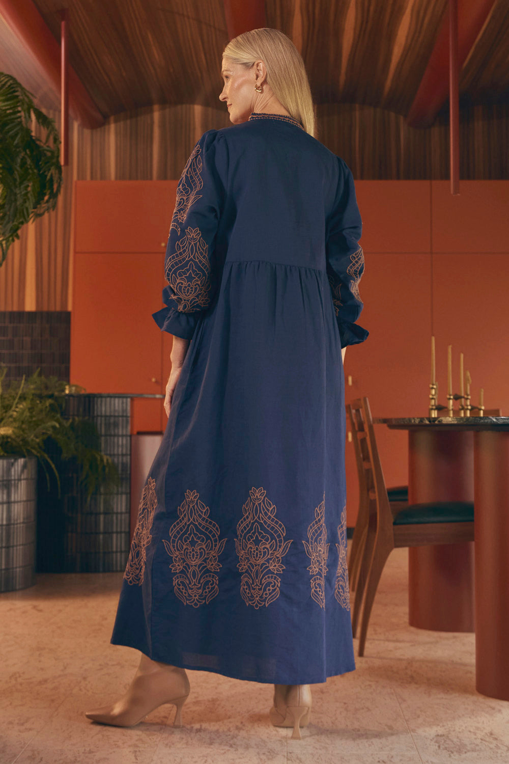 Tanya Embroidered Dress in Navy