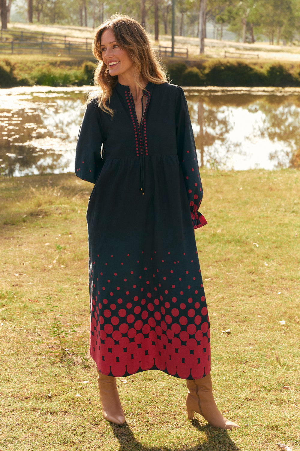 Tanya Gathered Dress in Ombre Orbit featuring empire waist seam, gathered skirt and pockets, breathable cotton by Adrift