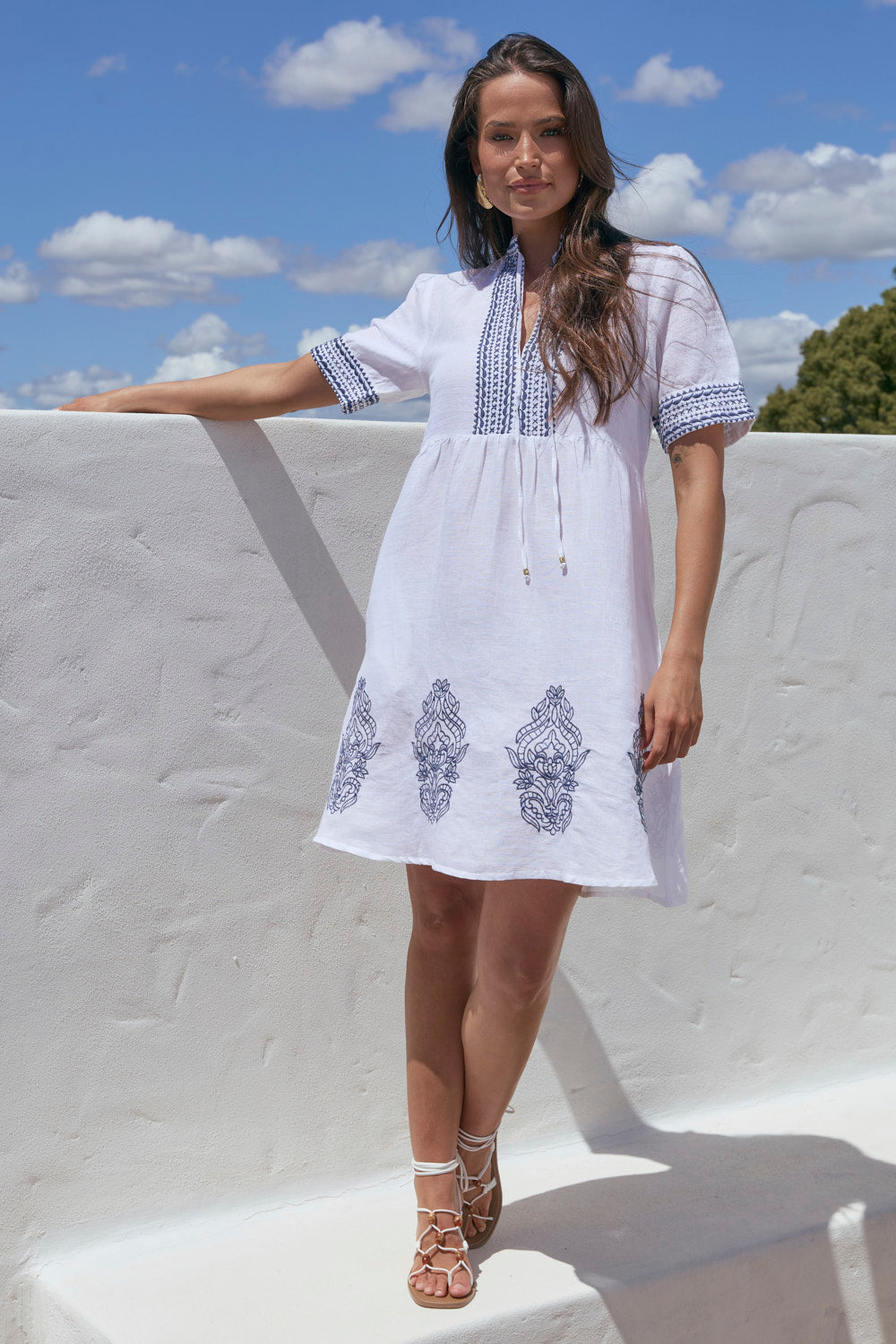 Tanya Short Embroidered Dress in White
