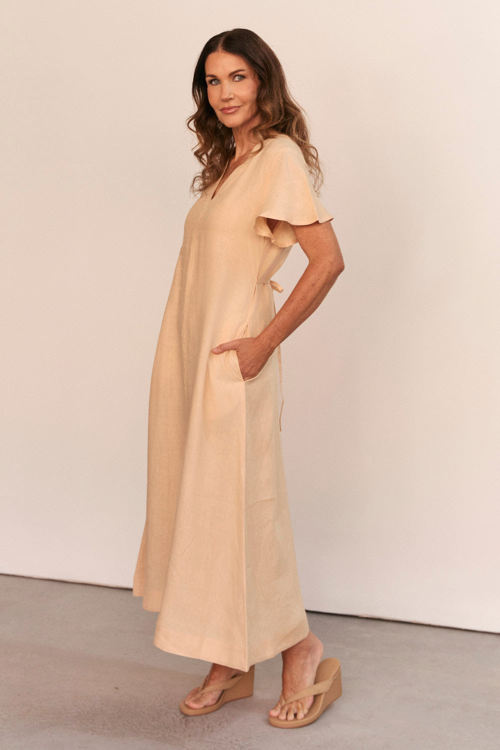 Tatum Linen Flutter Sleeve Dress in Sand
