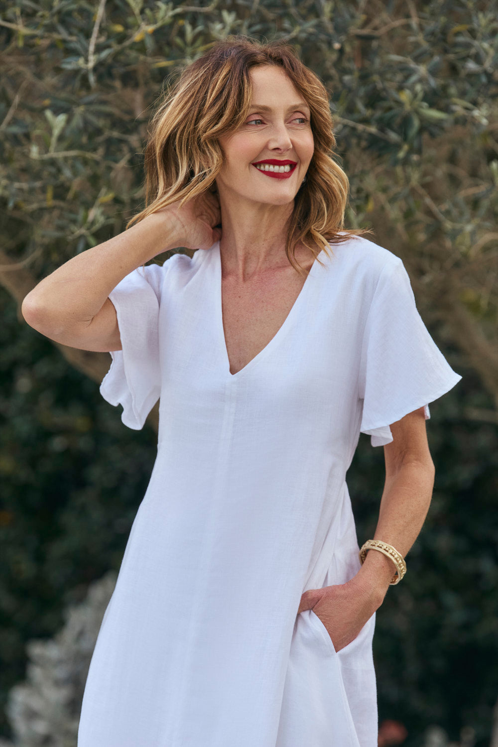 Tatum Linen Flutter Sleeve Dress in White