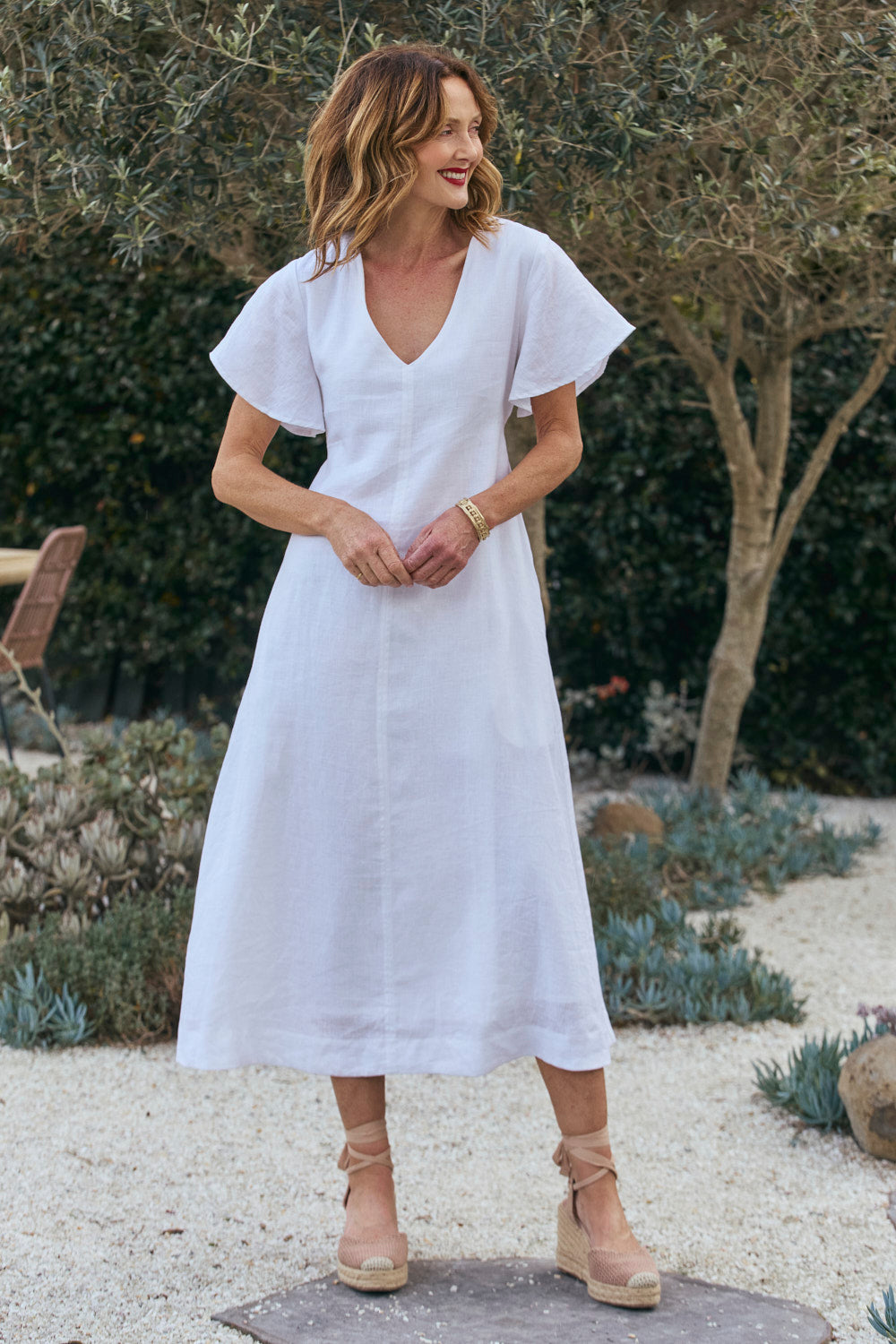Tatum Linen Flutter Sleeve Dress in White