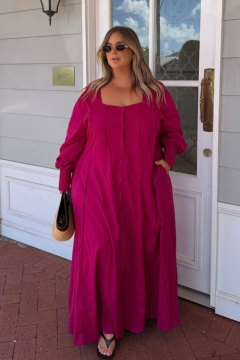 Ophelia Button Through Dress in Magenta with long sleeves and wide shirred cuffs, Australian womenswear by Adrift