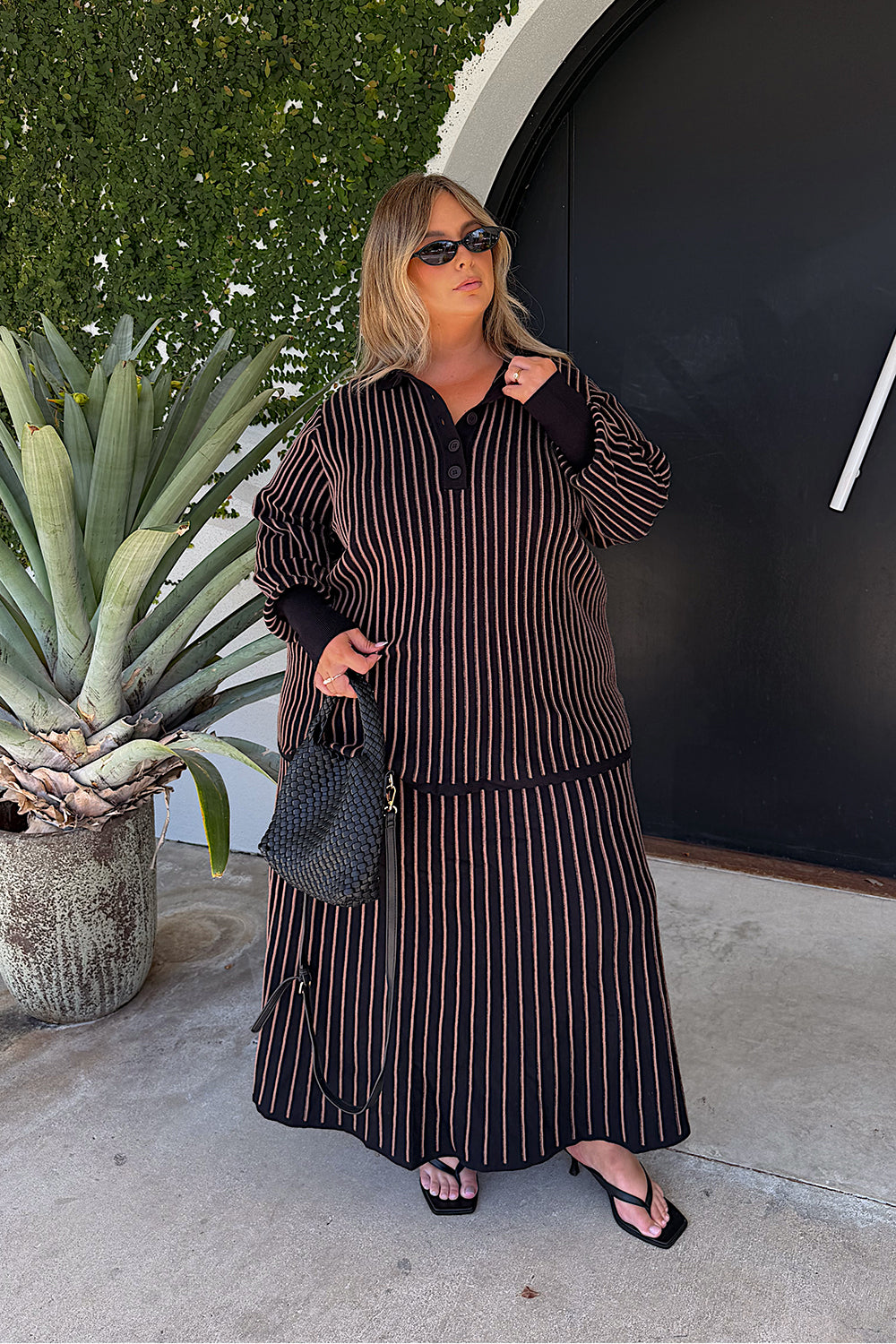 Knitted A-Line Skirt in Black, Midi Skirt - Adrift Clothing