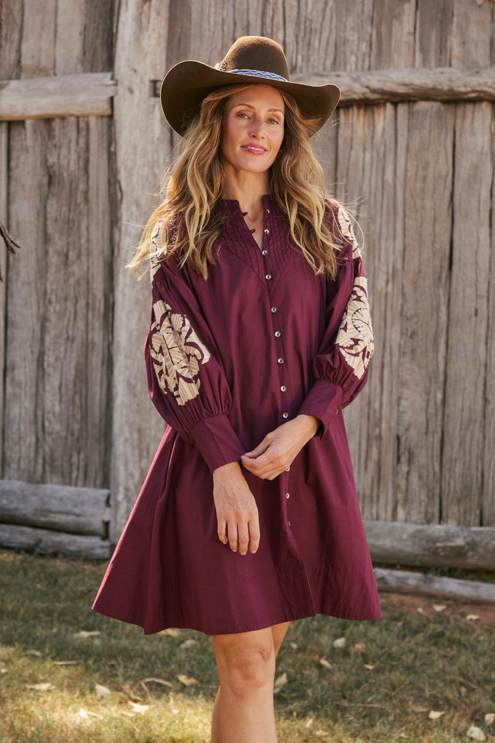 Trinny Embroidered Dress in Burgundy Reverie