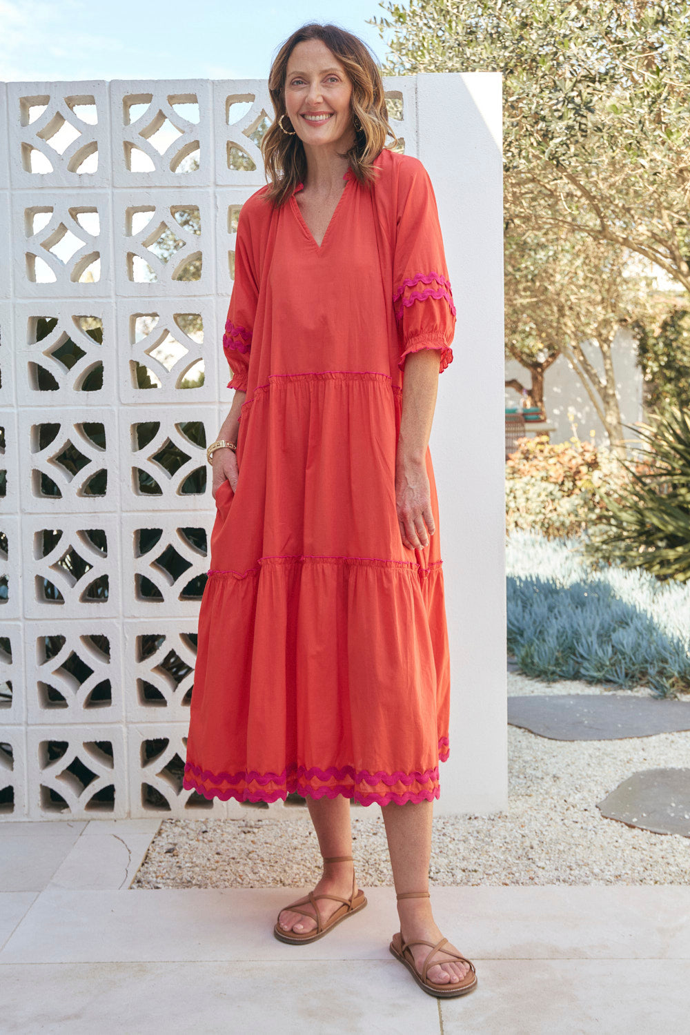 Valentina Tiered Frill Dress in Flame