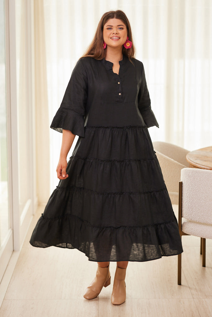 Adrift Considered Verona Linen Maxi Dress in Black - Button Down