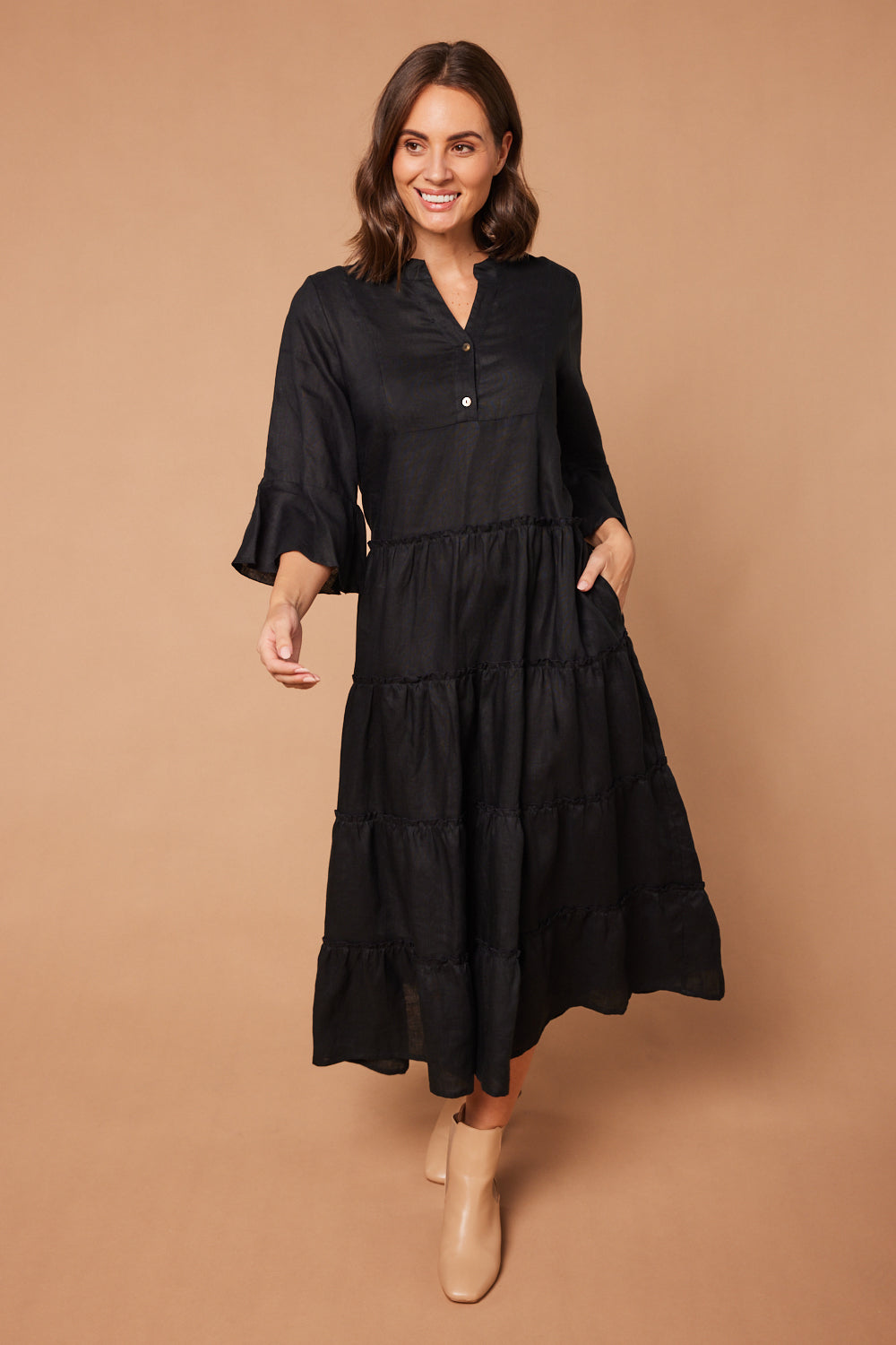 Verona Linen Maxi Dress in Black