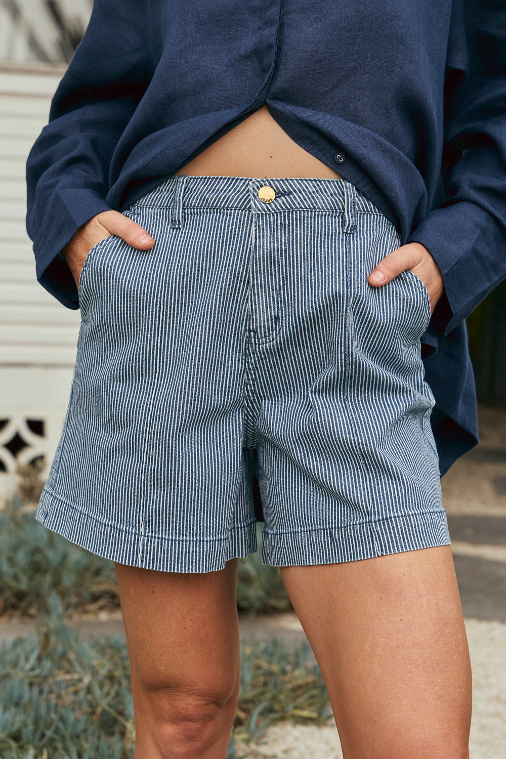 Lainey Denim A-Line Shorts in Stripe