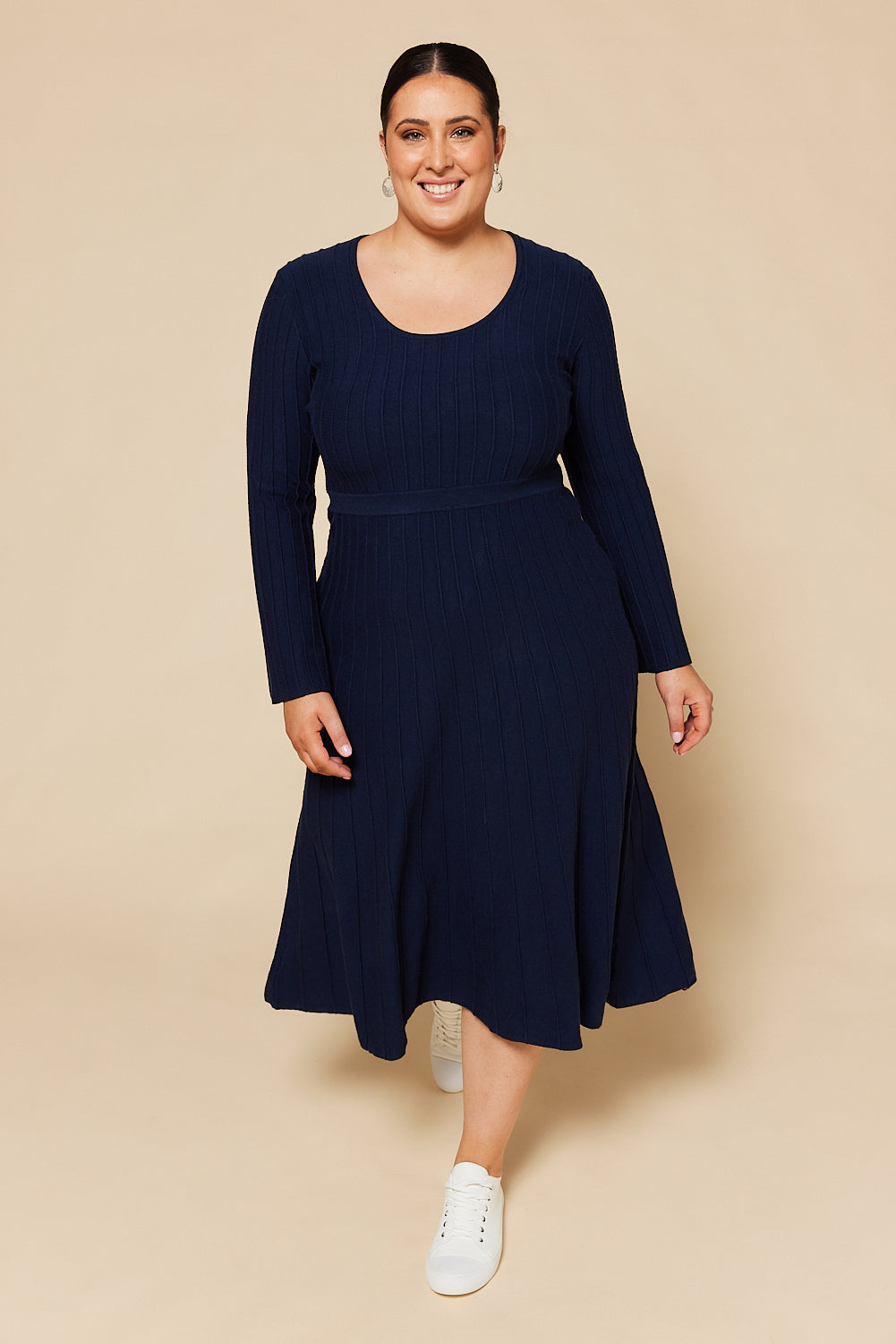 Waisted Knitted Dress in Navy