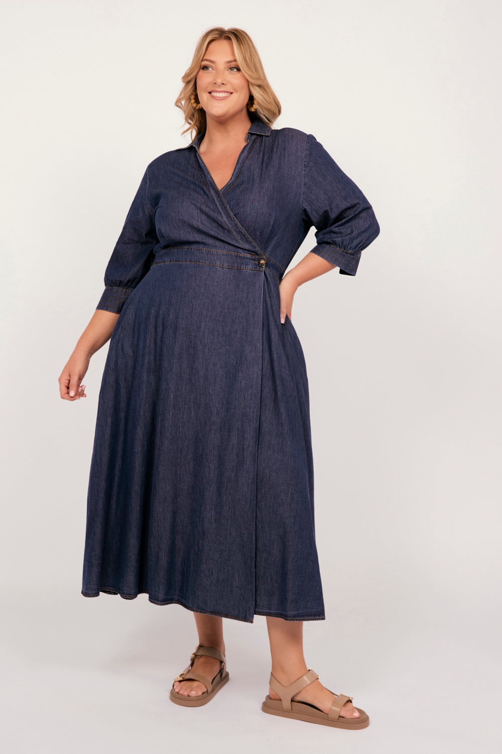 Wendy Chambray Wrap Dress in Dark Wash