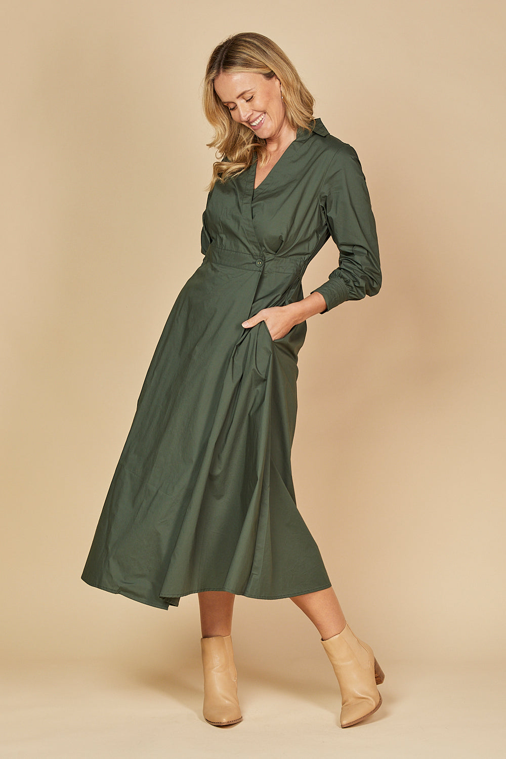 Wendy Poplin Wrap Dress in Bottle Green Adrift Clothing