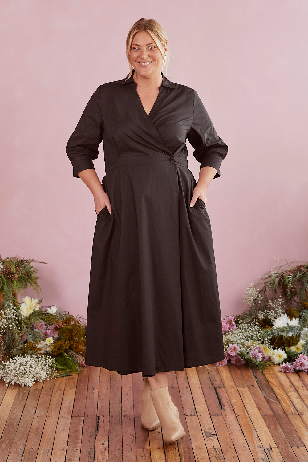 Wendy Poplin Wrap Dress in Black Adrift Clothing