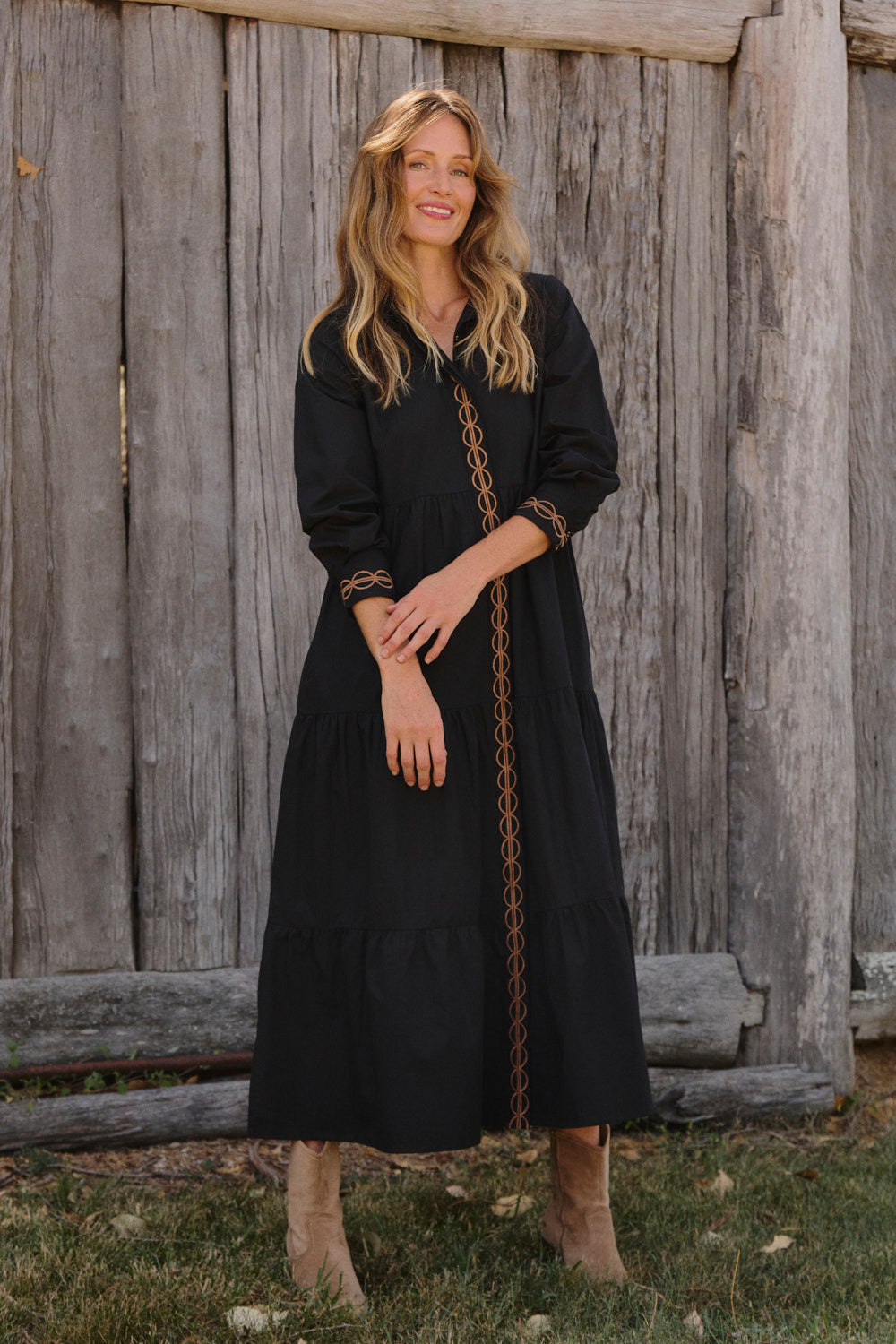 Winslow Button Through Dress in Black featuring long sleeves with buttoned cuff and placket, Australian womenswear by Adrift