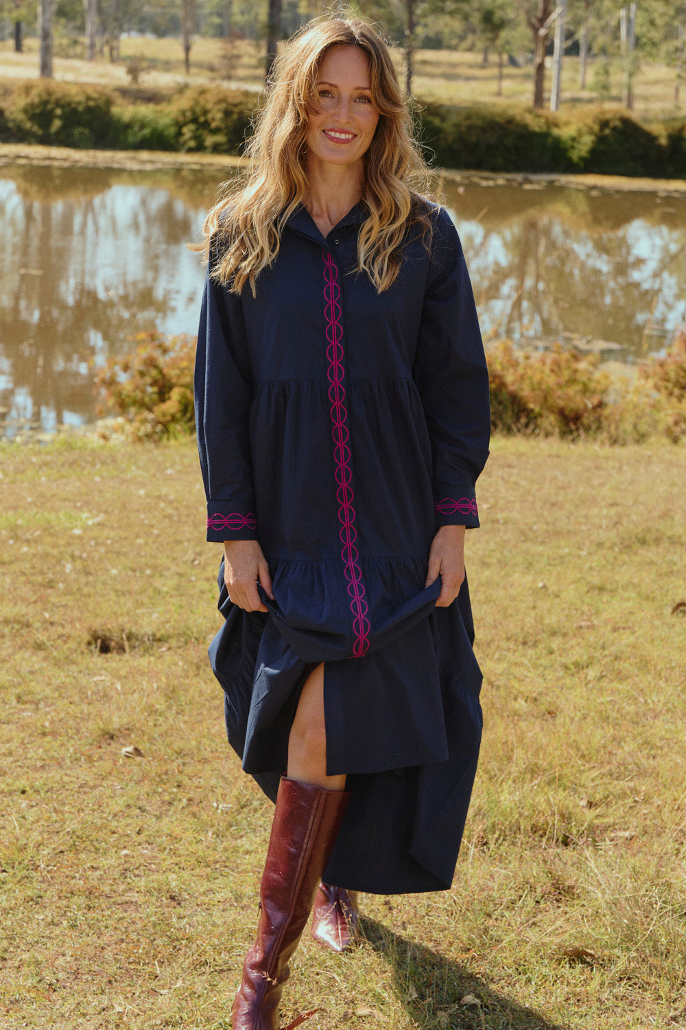 Winslow Button Through Dress in Ocean Berry featuring buttoned cuffs and pockets, Australian womenswear by Adrift