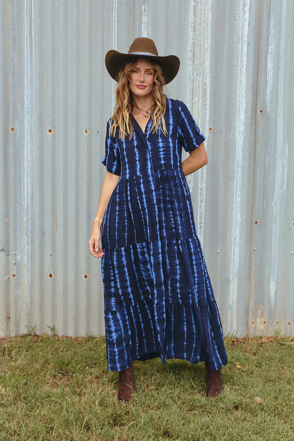 Winslow Collared Dress in Shibori Tide, Maxi Dress - Adrift Clothing