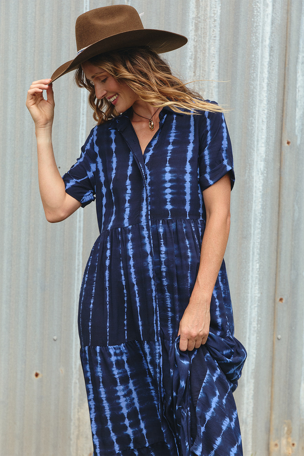 Winslow Collared Dress in Shibori Tide, Maxi Dress - Adrift Clothing