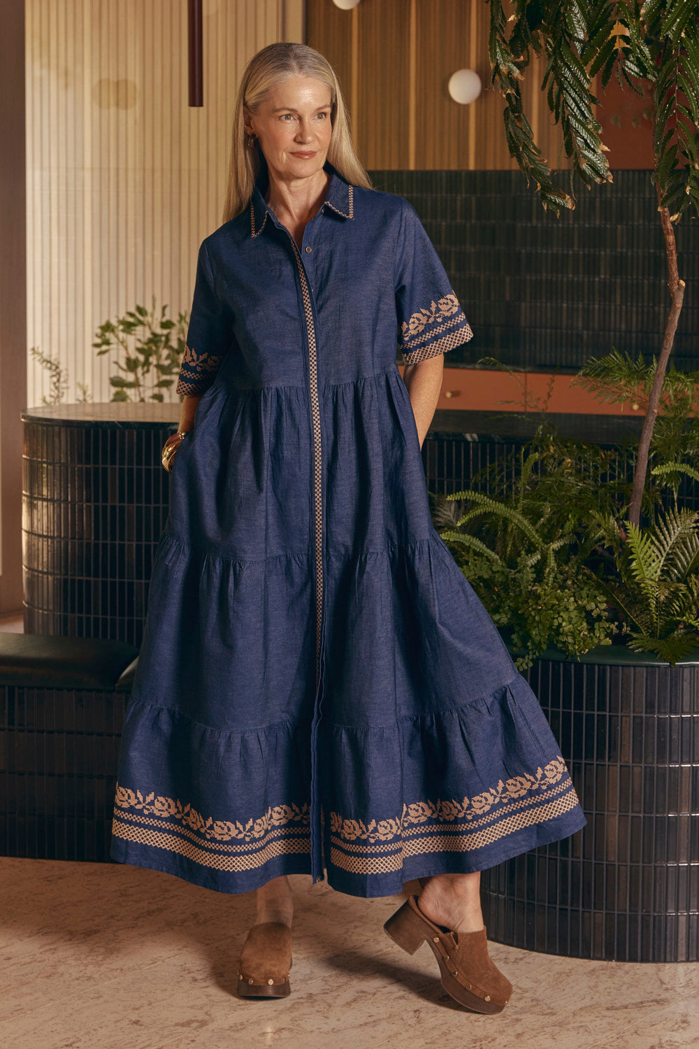 Winslow Embroidered Chambray Dress in Mid Wash