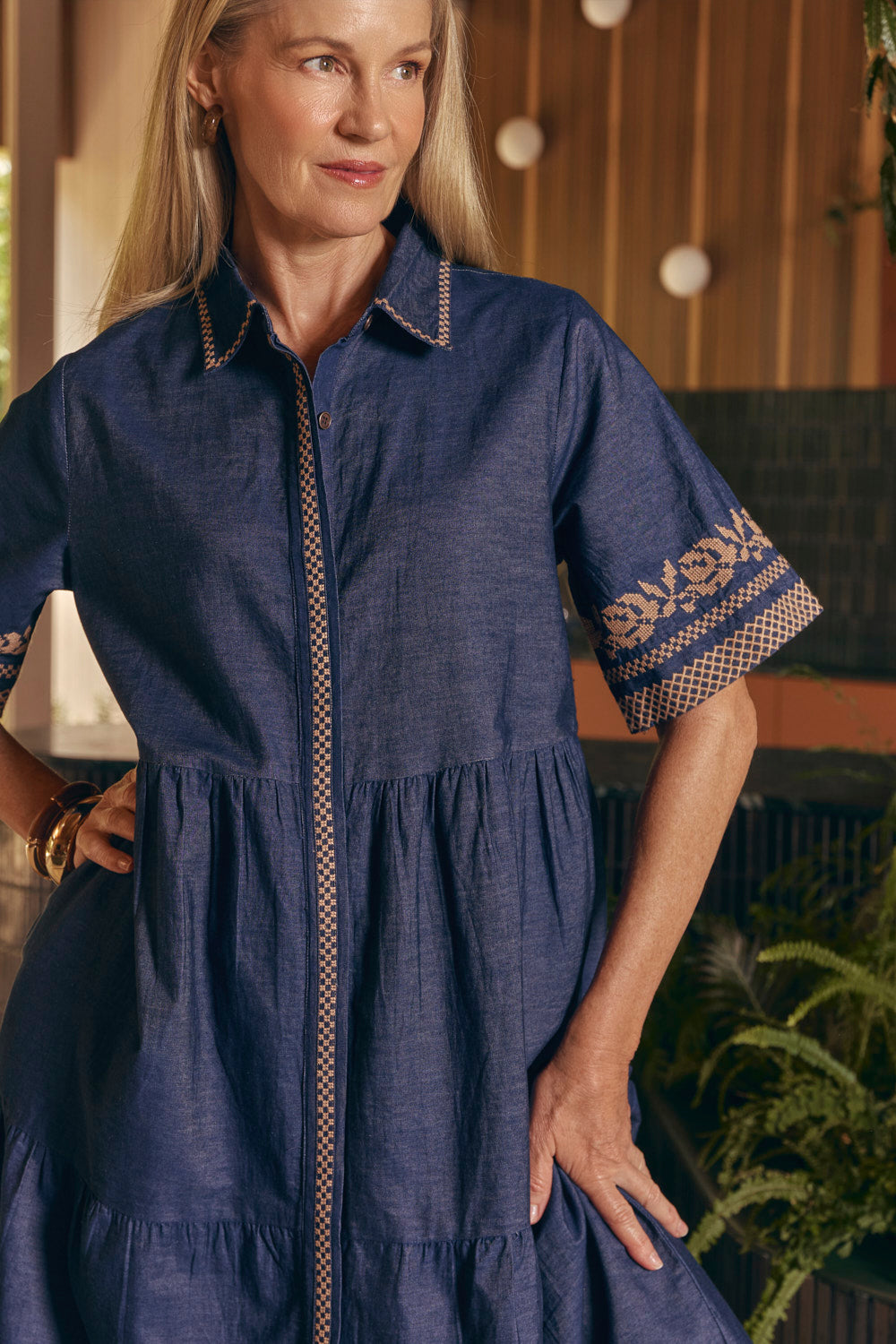 Winslow Embroidered Chambray Dress in Mid Wash