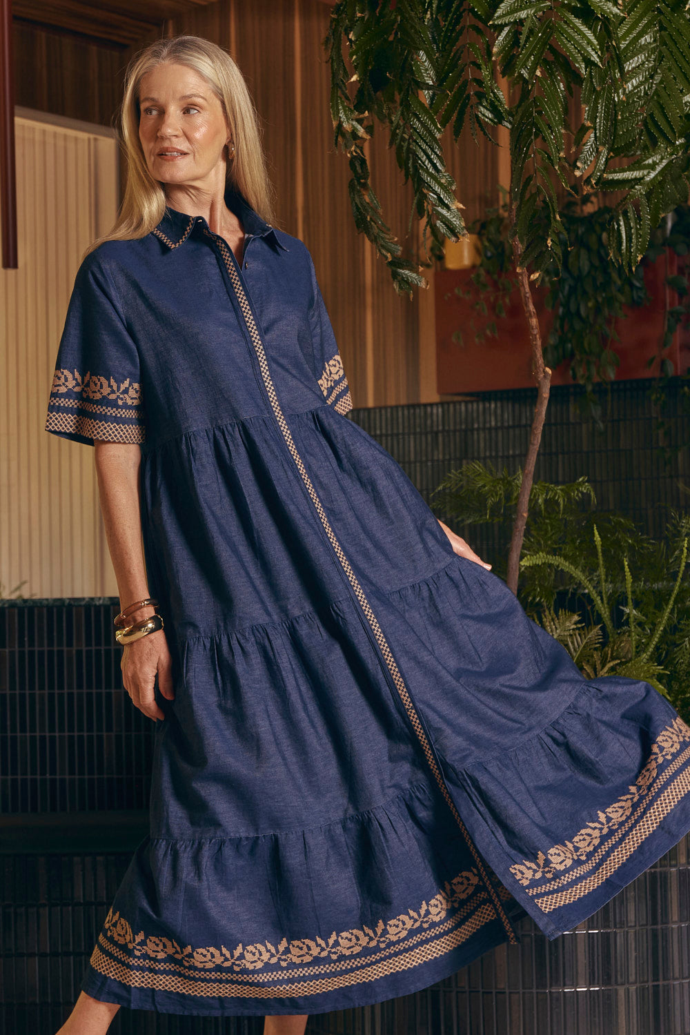 Winslow Embroidered Chambray Dress in Mid Wash