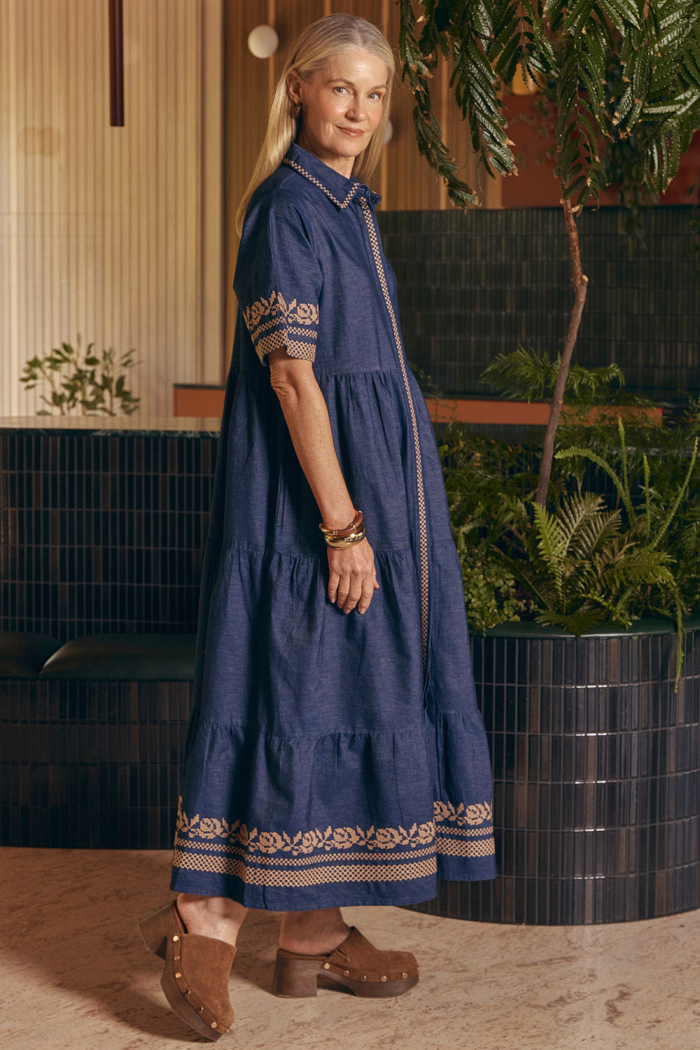 Winslow Embroidered Chambray Dress in Mid Wash