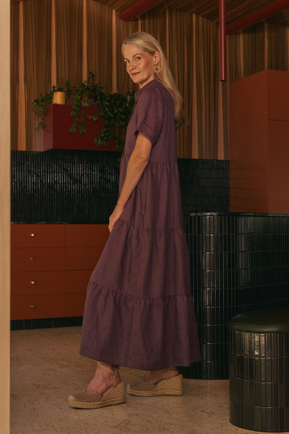 Winslow Linen Button Through Dress in Merlot