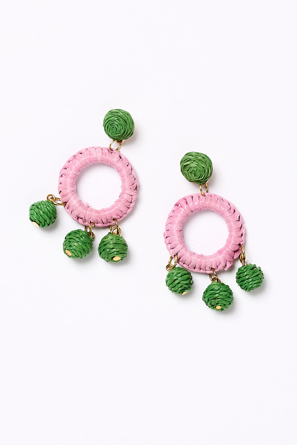 Woven Circle Ball Drop Earrings in Pink and Green