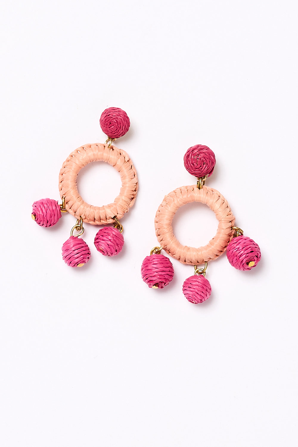 Woven Circle Ball Drop Earrings in Peach and Hot Pink
