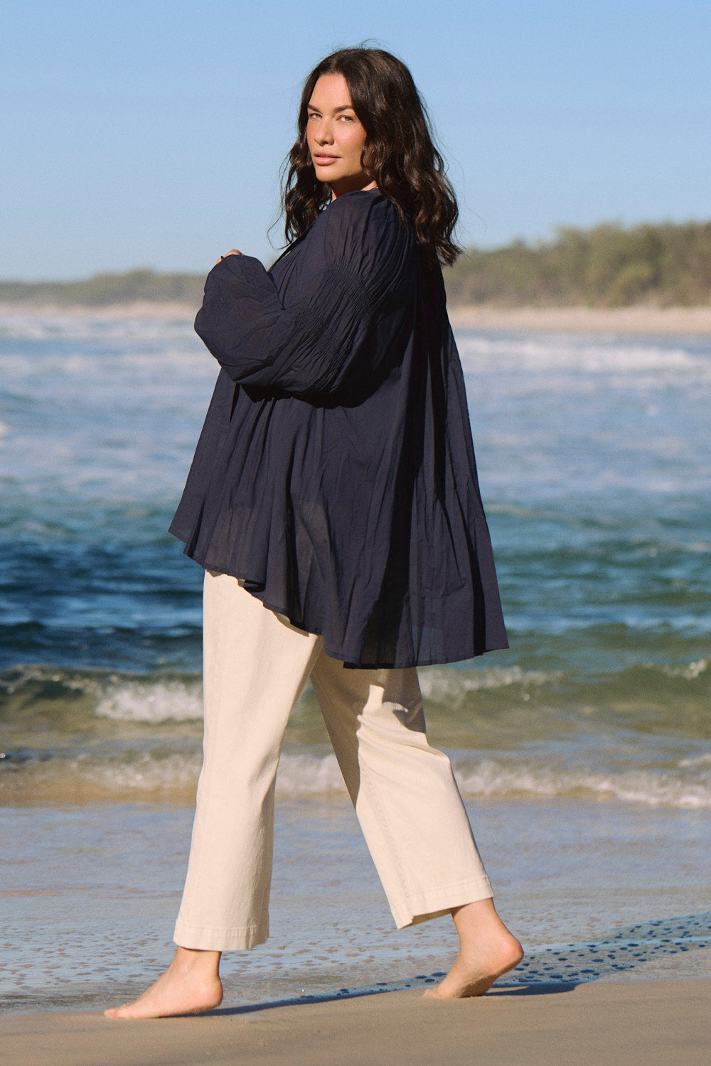 Wren Billow Sleeve Blouse in Navy