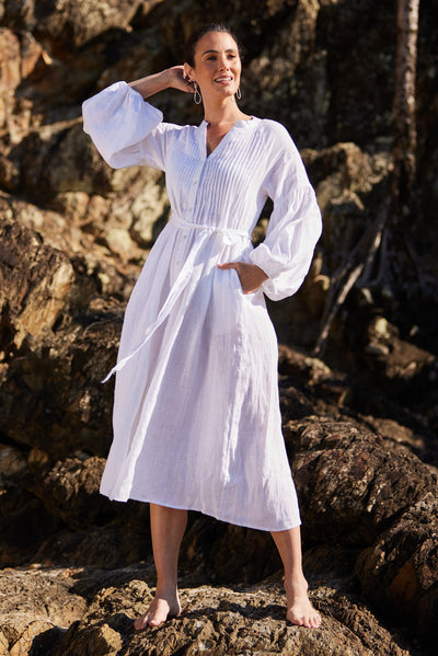 Georgie Linen Dress in White (6997667545162)