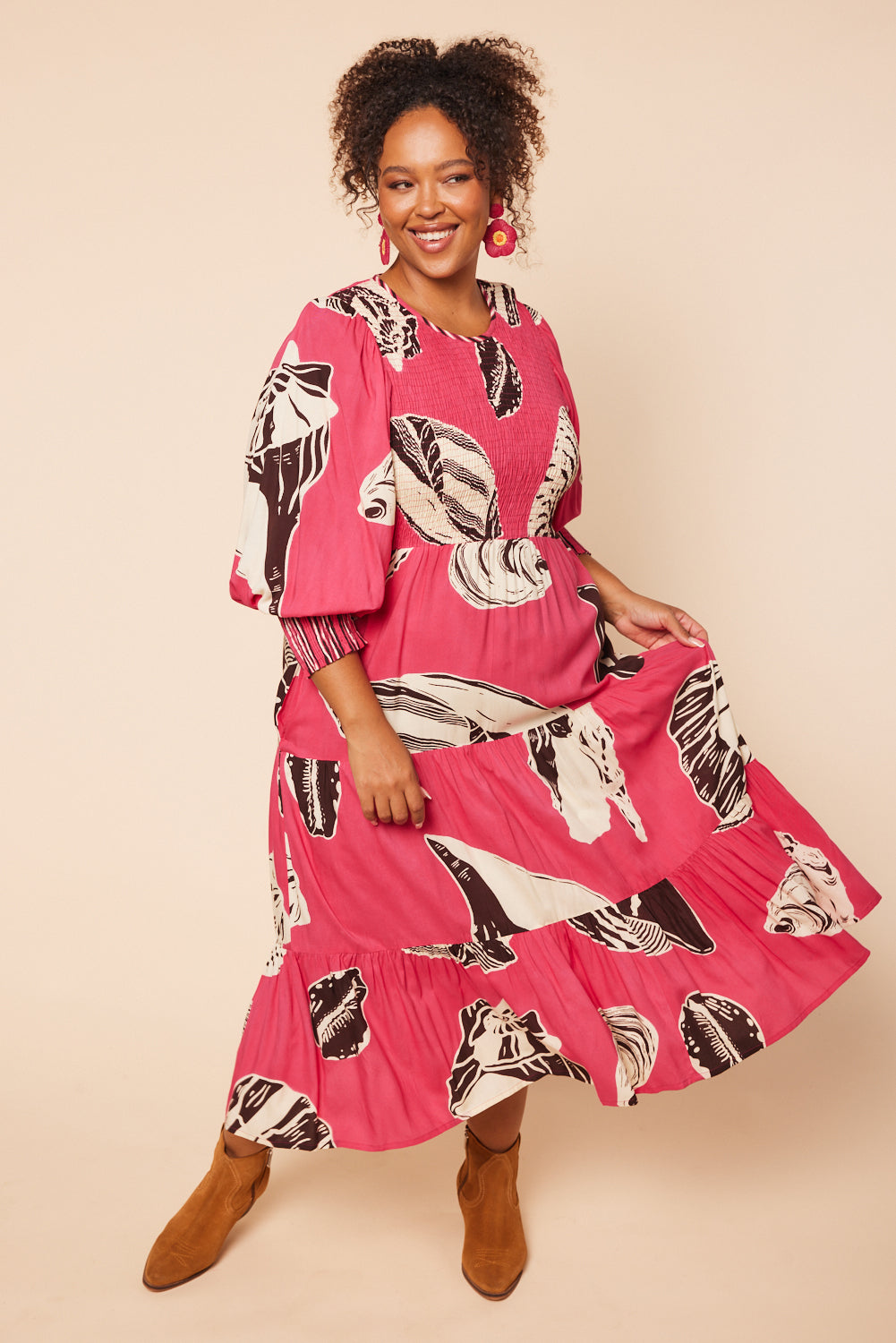 Adrift Considered Minden Shirred Dress in Moreton Pink - Rayon