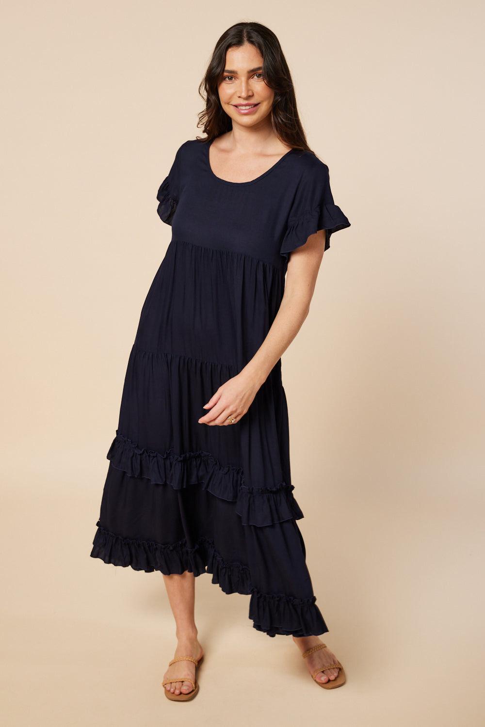 Adrift Sabre Frill Maxi Dress in Navy - 100% Rayon, A-Line Tiered Shape ...