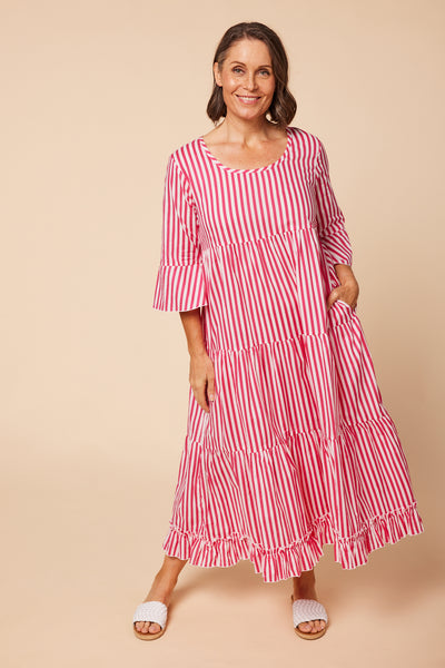 Sabre Frill Maxi Dress in Fuchsia Stripe (7026252873802)