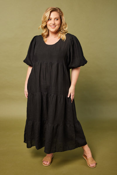 Sabre Linen Puff Sleeve Dress in Black (6956140658762)