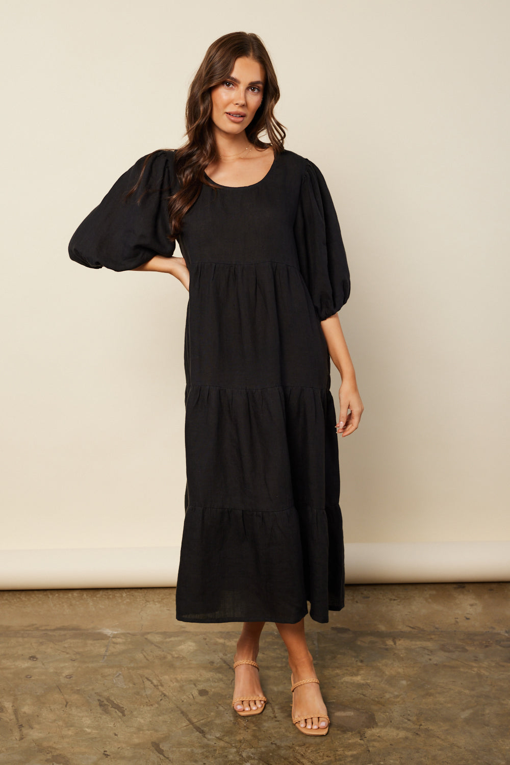 Sabre Linen Puff Sleeve Dress in Black (6956140658762)