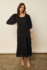 Sabre Linen Puff Sleeve Maxi Dress in Black
