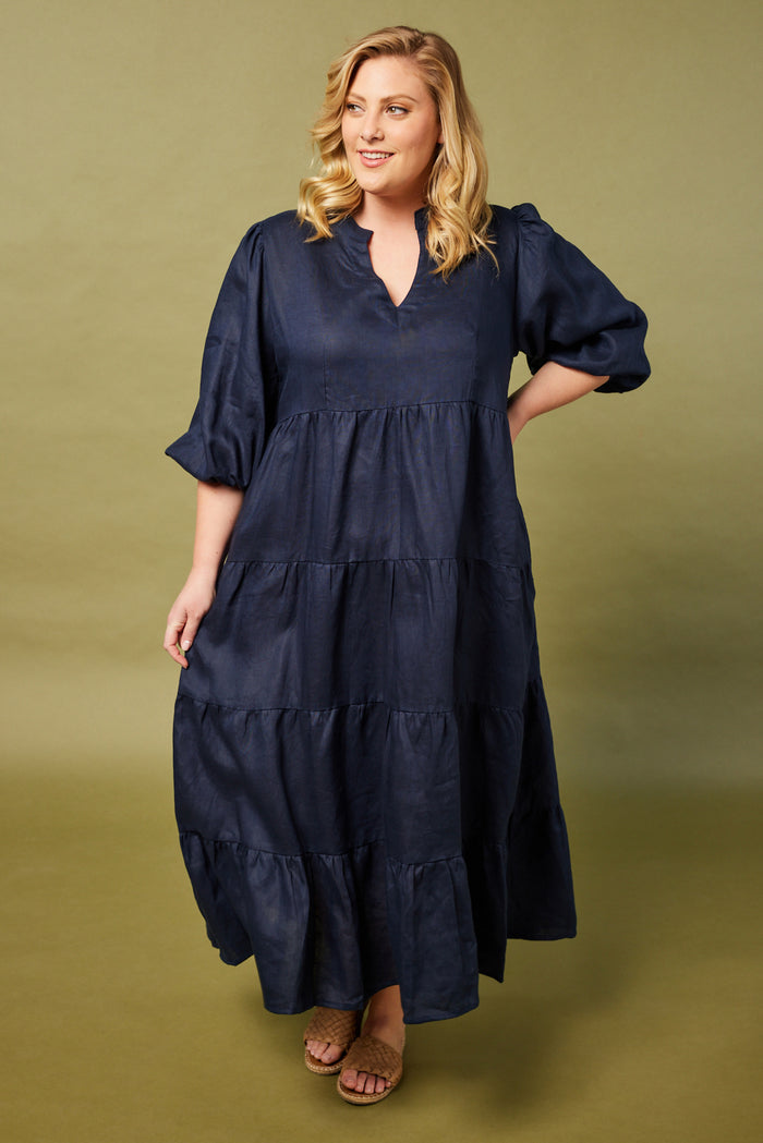 Navy V Neckline Draped Dress