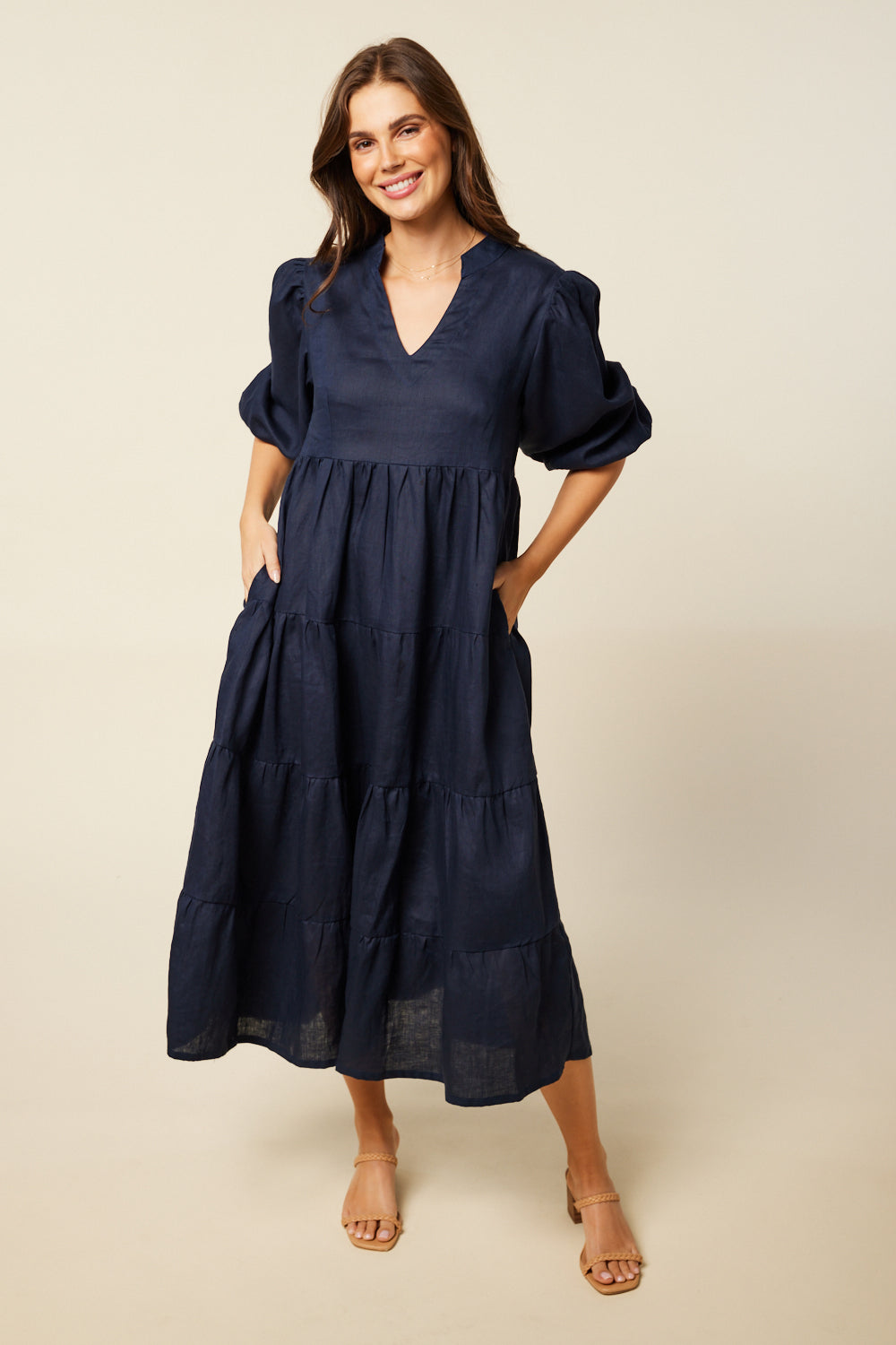 Sabre V-Neck Dress in Navy - Linen, V-Neckline, Puff Sleeve, A-Line ...